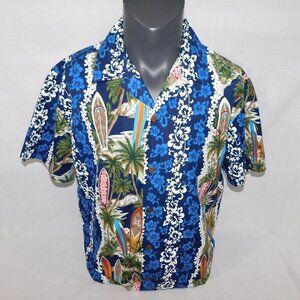 VTG Randy River R2 Hardcore Blue White Hibiscus Surfboards Hawaiian Shirt Mens M